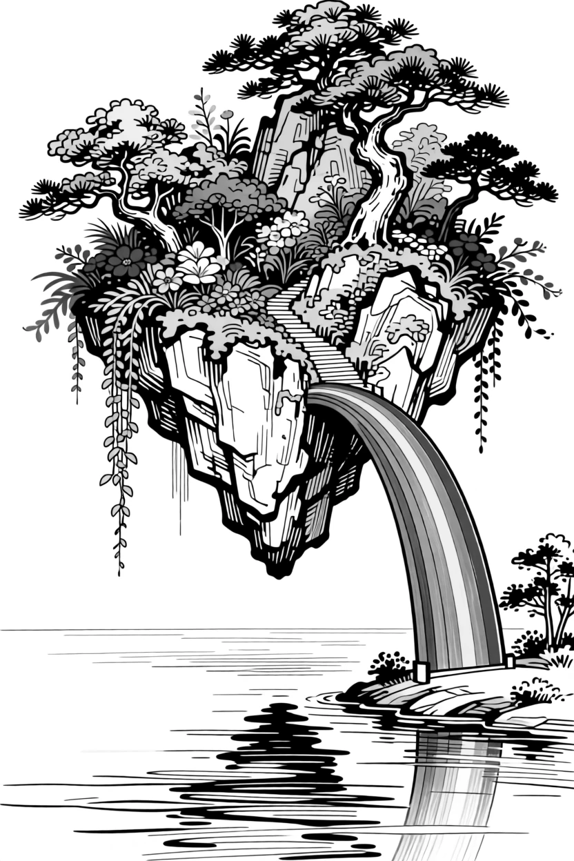 A floating island garden connected to the mainland by a rainbow bridge.