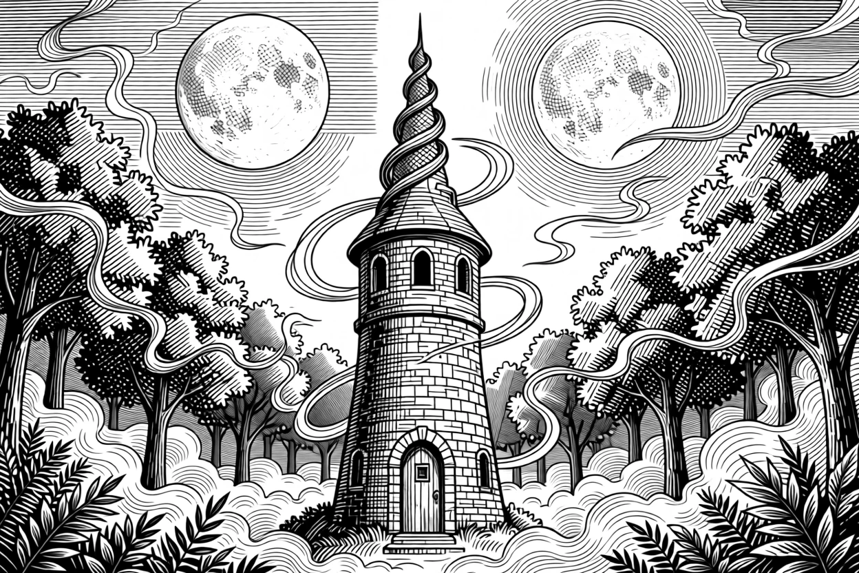 A wizard's tower rising from a misty forest beneath a sky filled with twin moons, with wisps of magical light drifting through the air, forming a hauntingly beautiful fantasy scene.