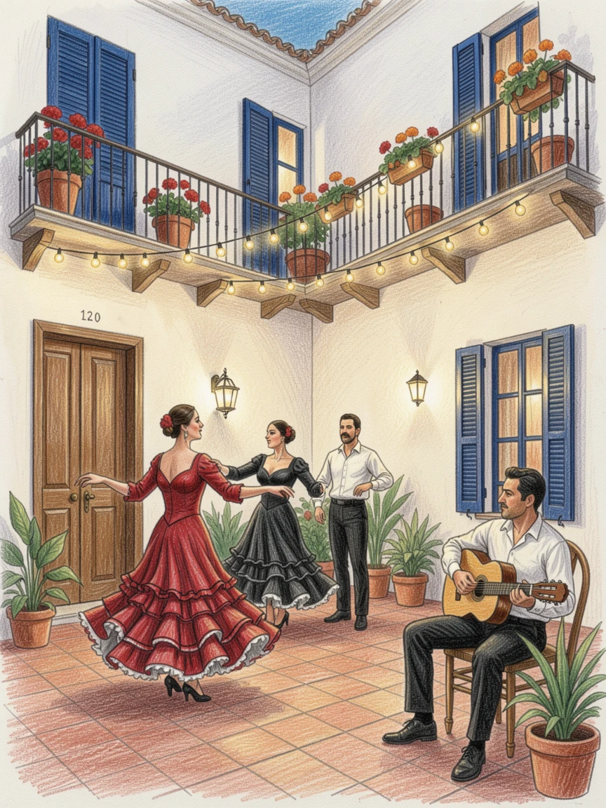 A Spanish flamenco courtyard glowing under strings of lights, with a gentle play of light and shadow across the composition, full of charm, emotion, and visual delight.