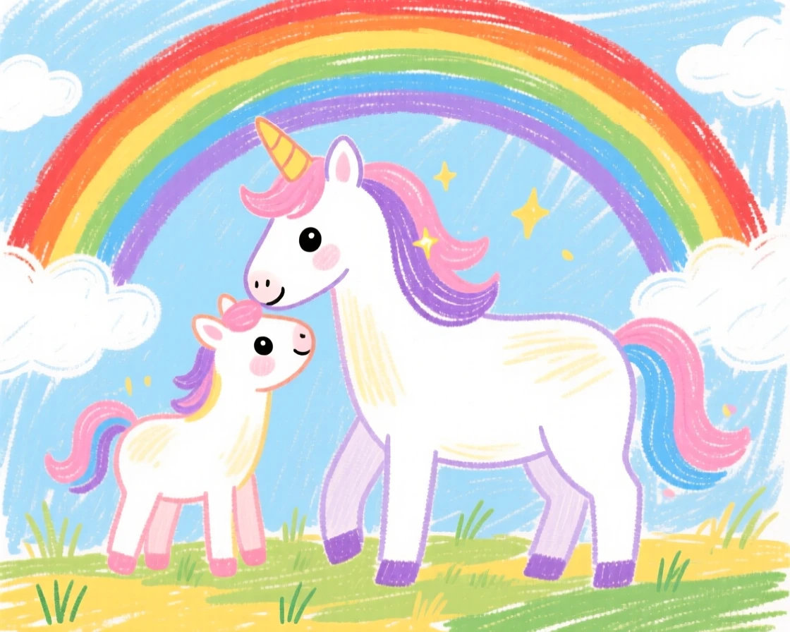 A unicorn foal nuzzling its mother beneath a rainbow.