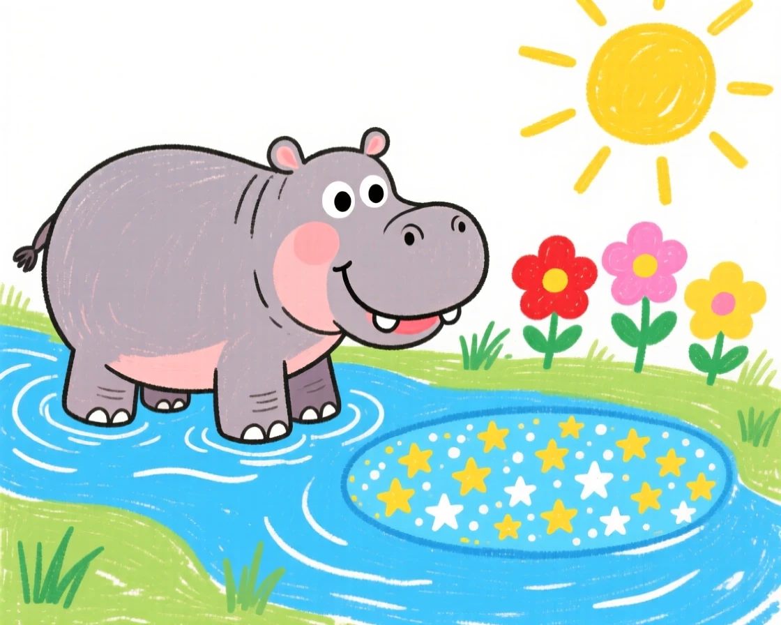 A hippopotamus wading in a river beside a sparkling watering hole.