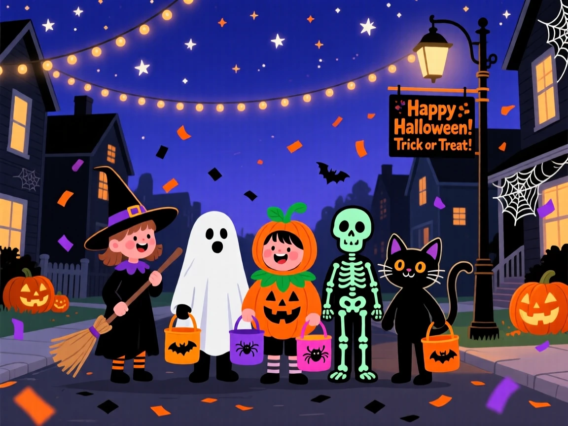 A festive Halloween trick-or-treat scene with costumed children, set beneath a glowing night sky filled with celebration, arranged with confetti or lights adding sparkle to the scene, with a joyful sense of togetherness and celebration.