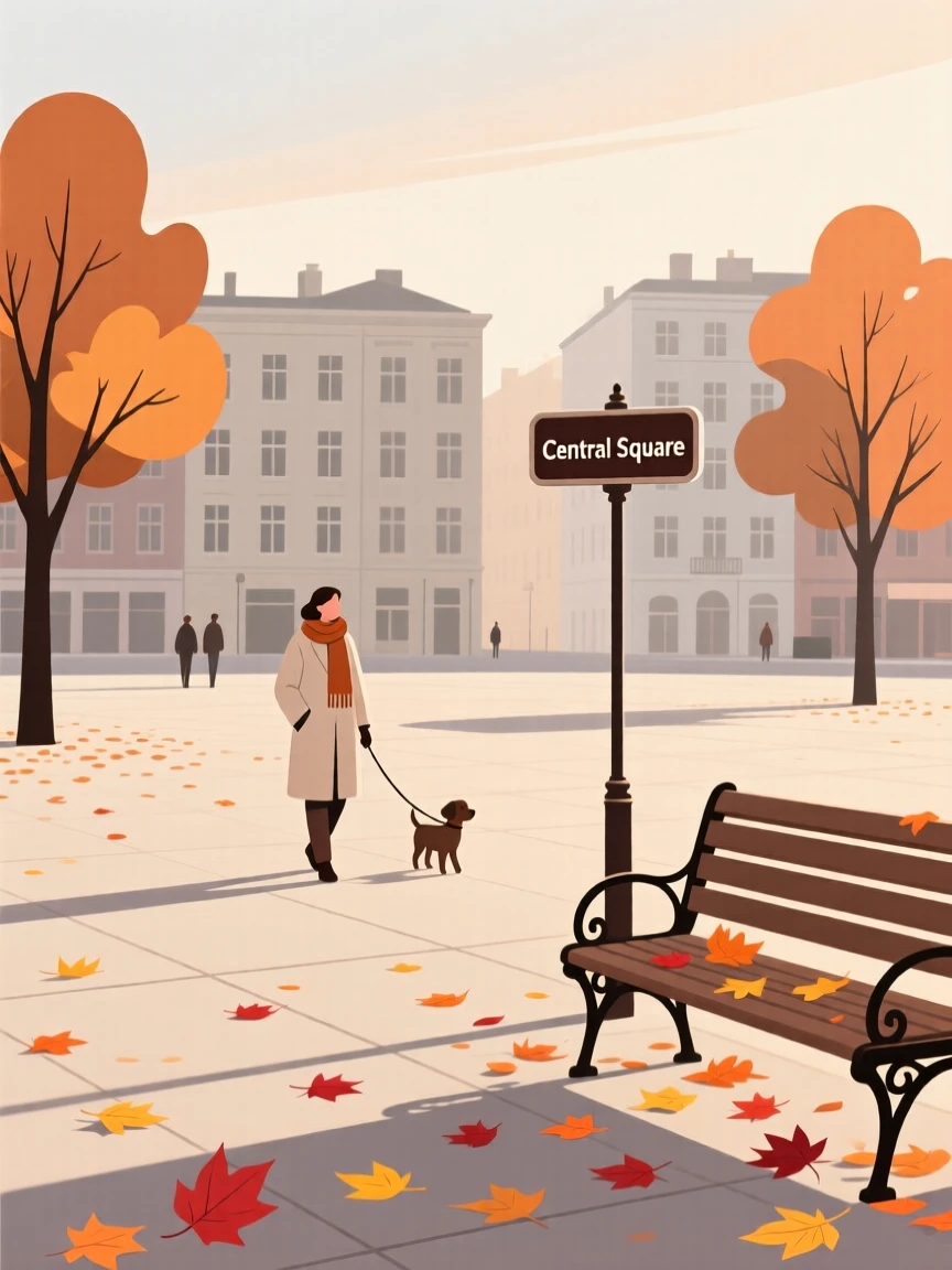 An autumn scene of a quiet morning walk in a city square.