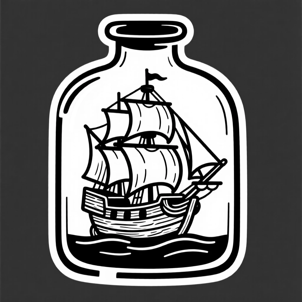 An old wooden ship in a glass bottle.