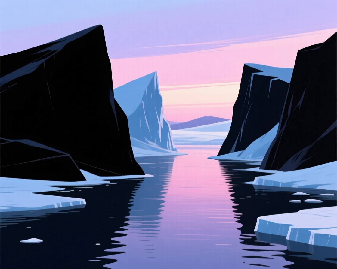 A cluster of icebergs drifting through a narrow arctic channel.