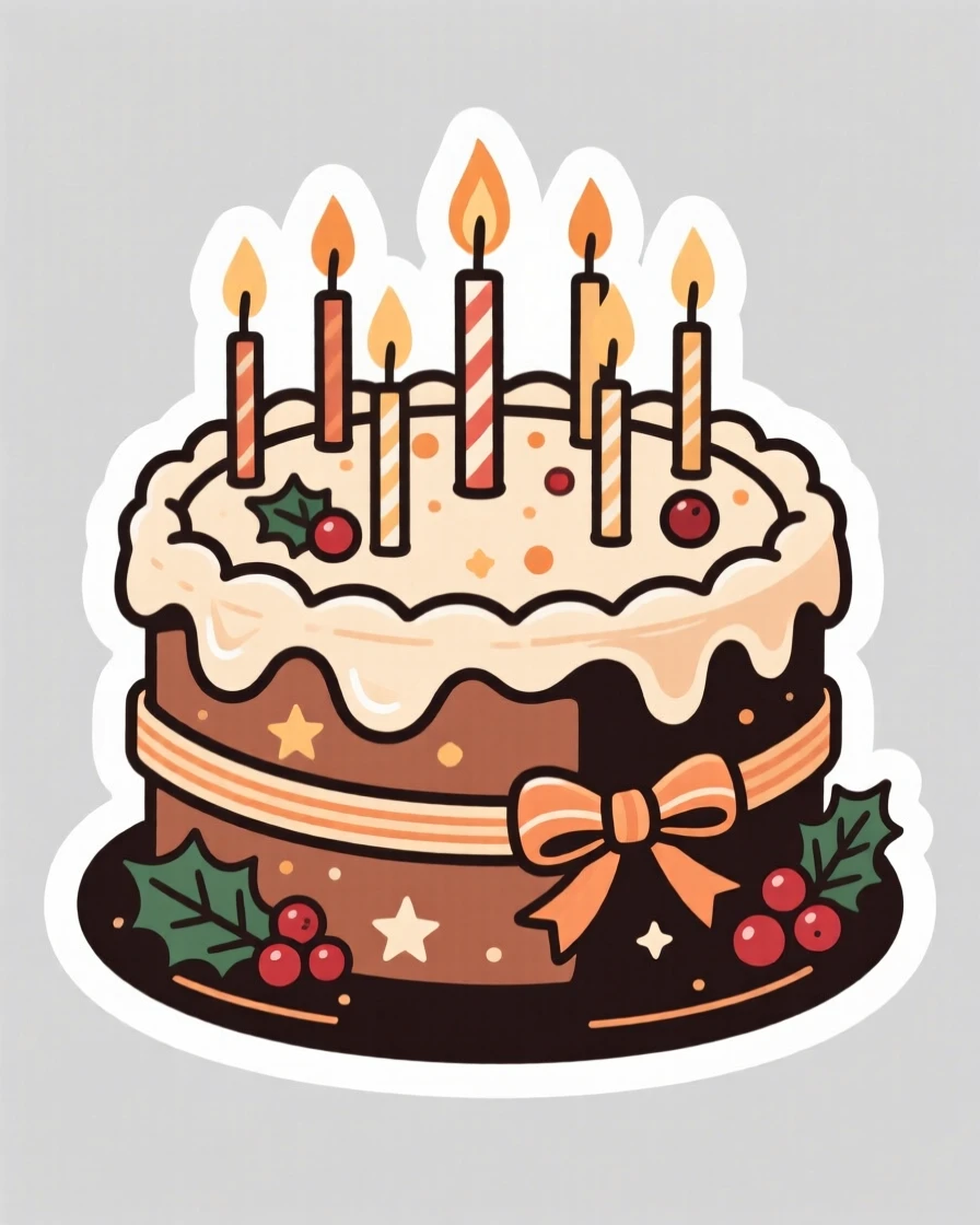 A warmly nostalgic birthday cake with lit candles ready for a wish, decorated with ribbons and small ornaments, during the most magical time of year.