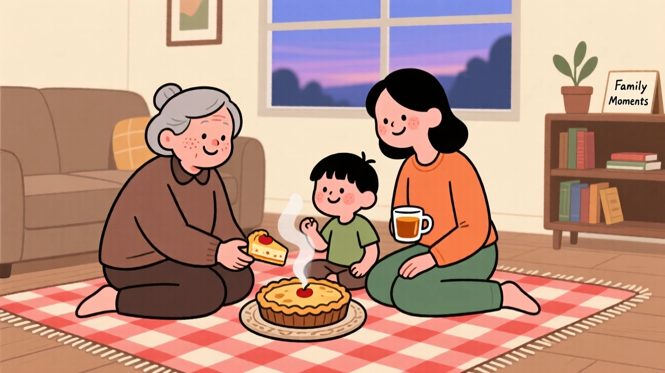 Three generations of a family gather around a picnic blanket in the living room, sharing a warm apple pie and stories as evening settles in outside.