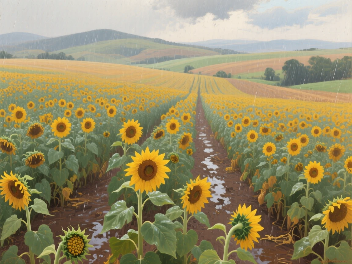 A high overhead view of a sunflower field stretching toward distant hills, on the American frontier, during the summer harvest, during a light rain.