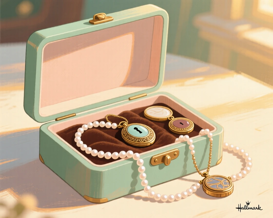 A vintage jewelry box filled with strands of pearls and lockets