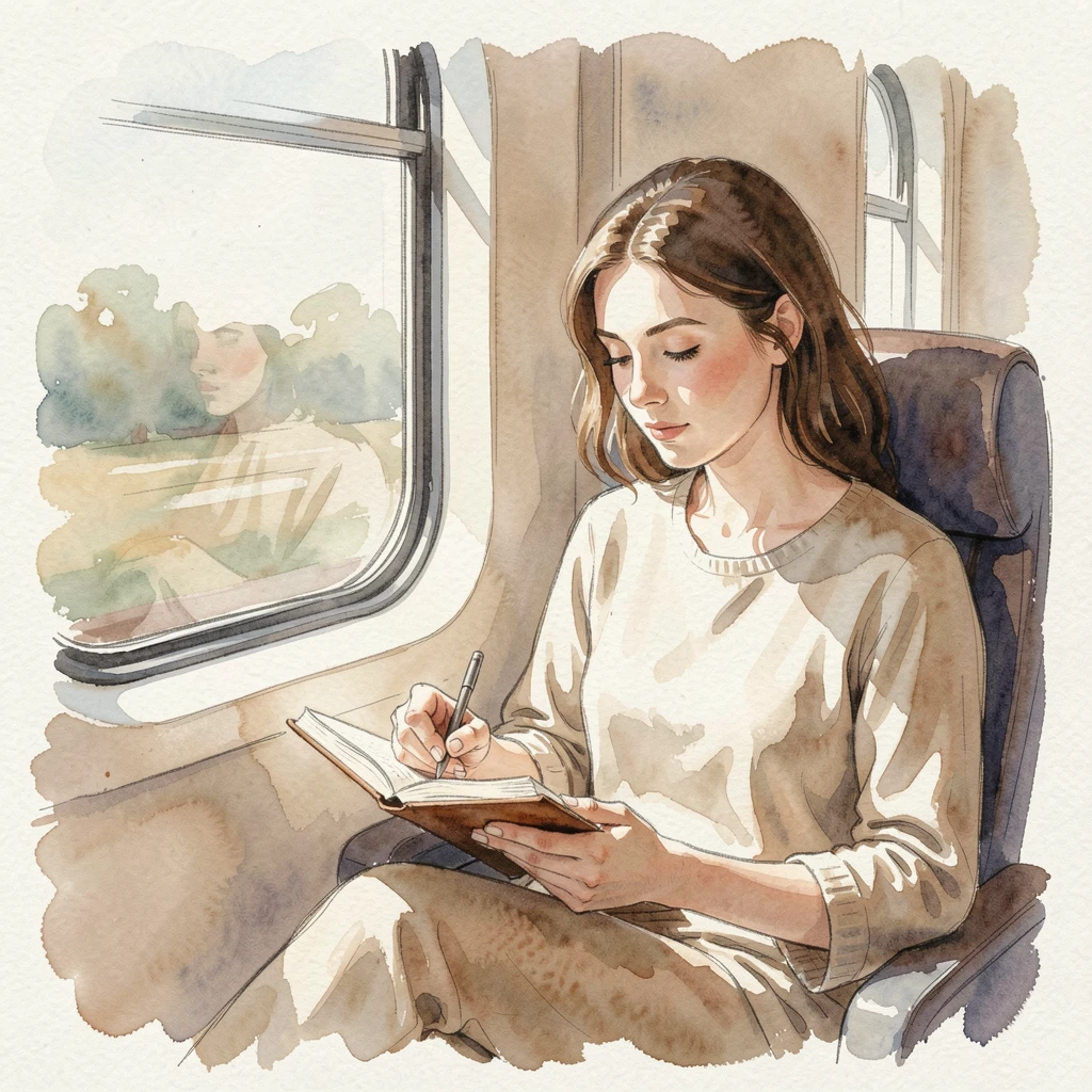 A woman journaling on a train by the window with soft natural light illuminating the scene.