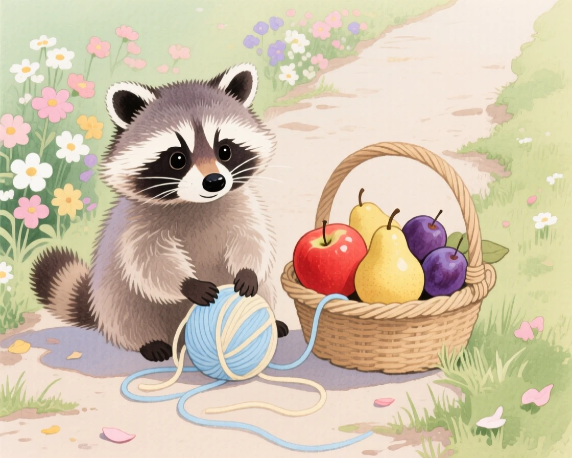 A baby raccoon plays with a ball of yarn in a blooming garden path, beside a basket of ripe fruit
