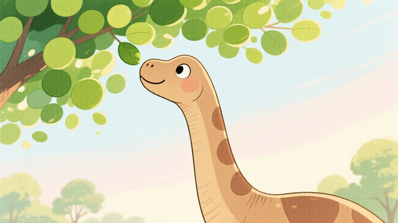 A gentle long-necked dinosaur reaching for treetop leaves, captured in a moment of quiet wonder.
