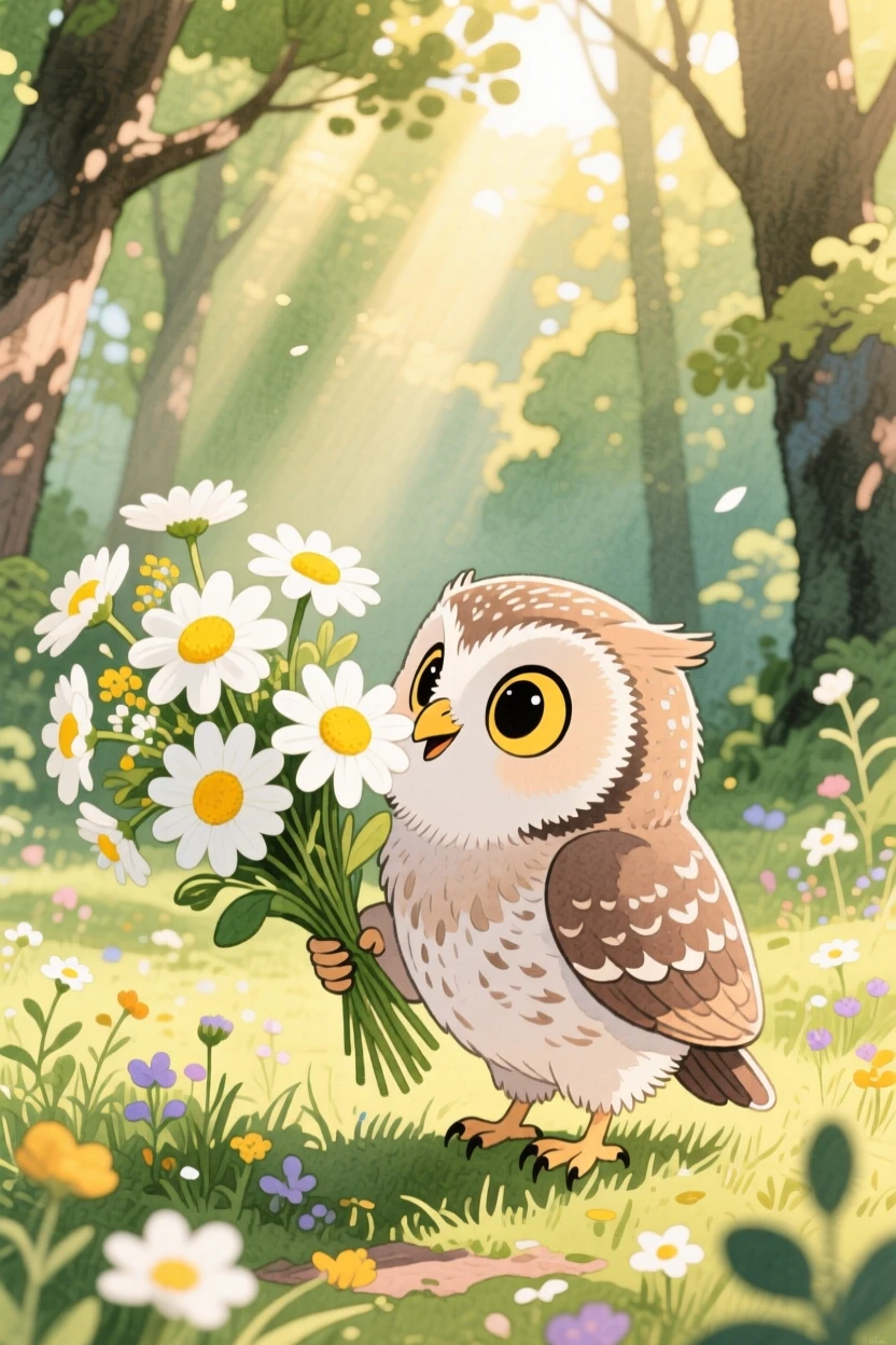 A curious owlet sniffing a bouquet of daisies, set in a quiet forest clearing dappled with sunlight, capturing a fleeting moment of quiet contentment.