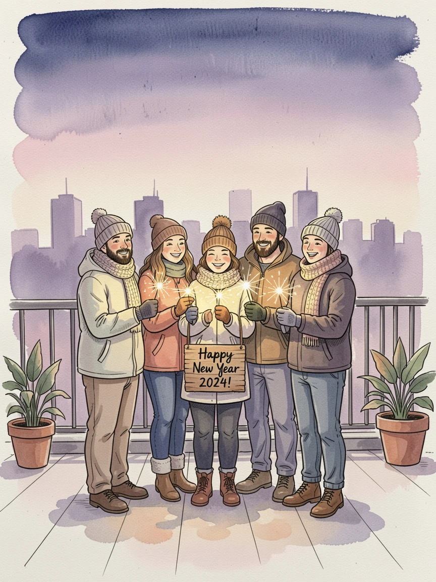 A New Year's celebration with sparklers lighting up a rooftop gathering, a nostalgic, comforting atmosphere settling over the scene.