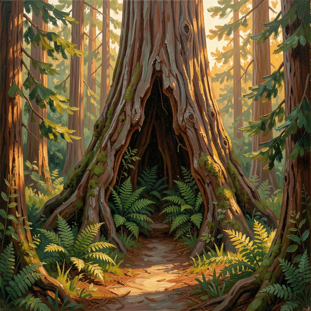 A dense old-growth forest of towering redwoods, near a hollow tree filled with ferns, a narrow trail disappearing into the undergrowth, at golden hour, warm light filtering through the leaves.