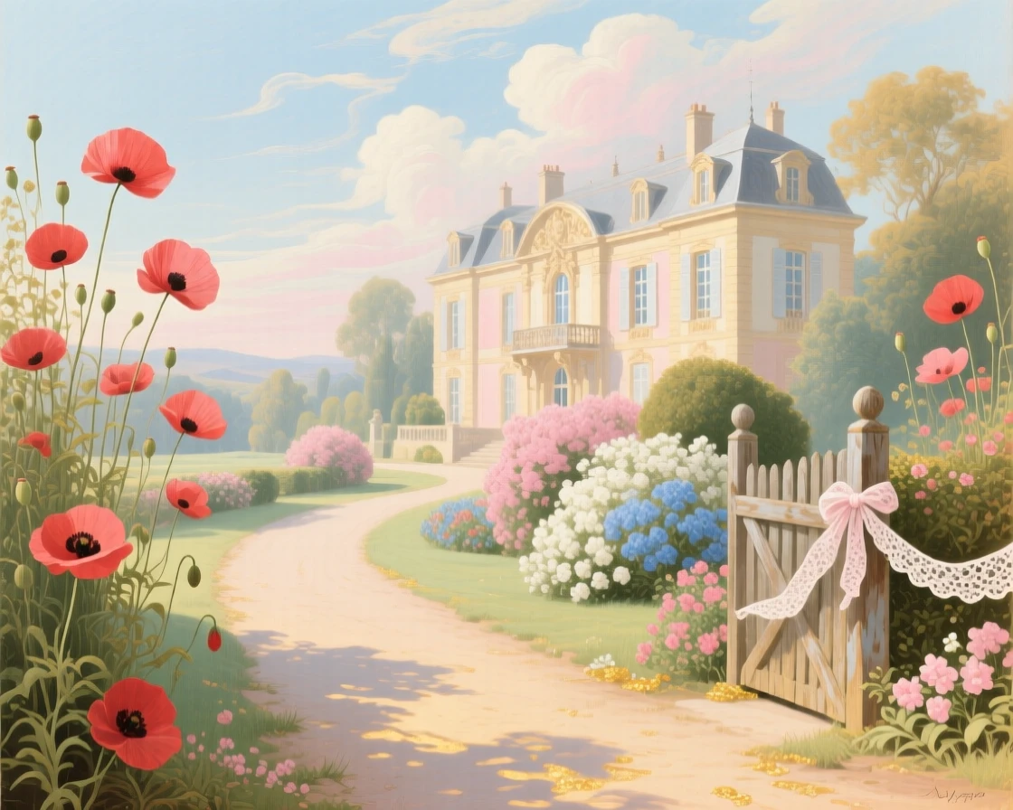 A country lane bordered by poppies leading toward a distant manor  