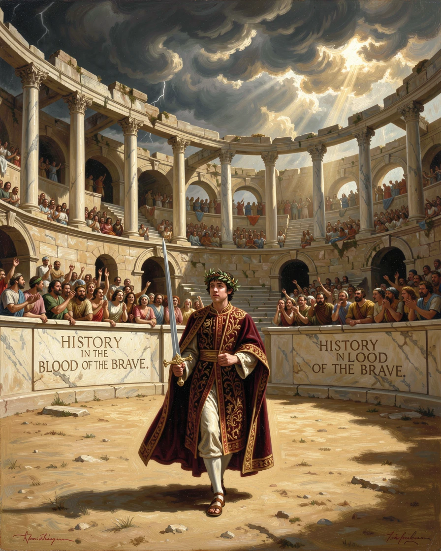 A young monarch marches across a roaring gladiatorial arena as history is written.