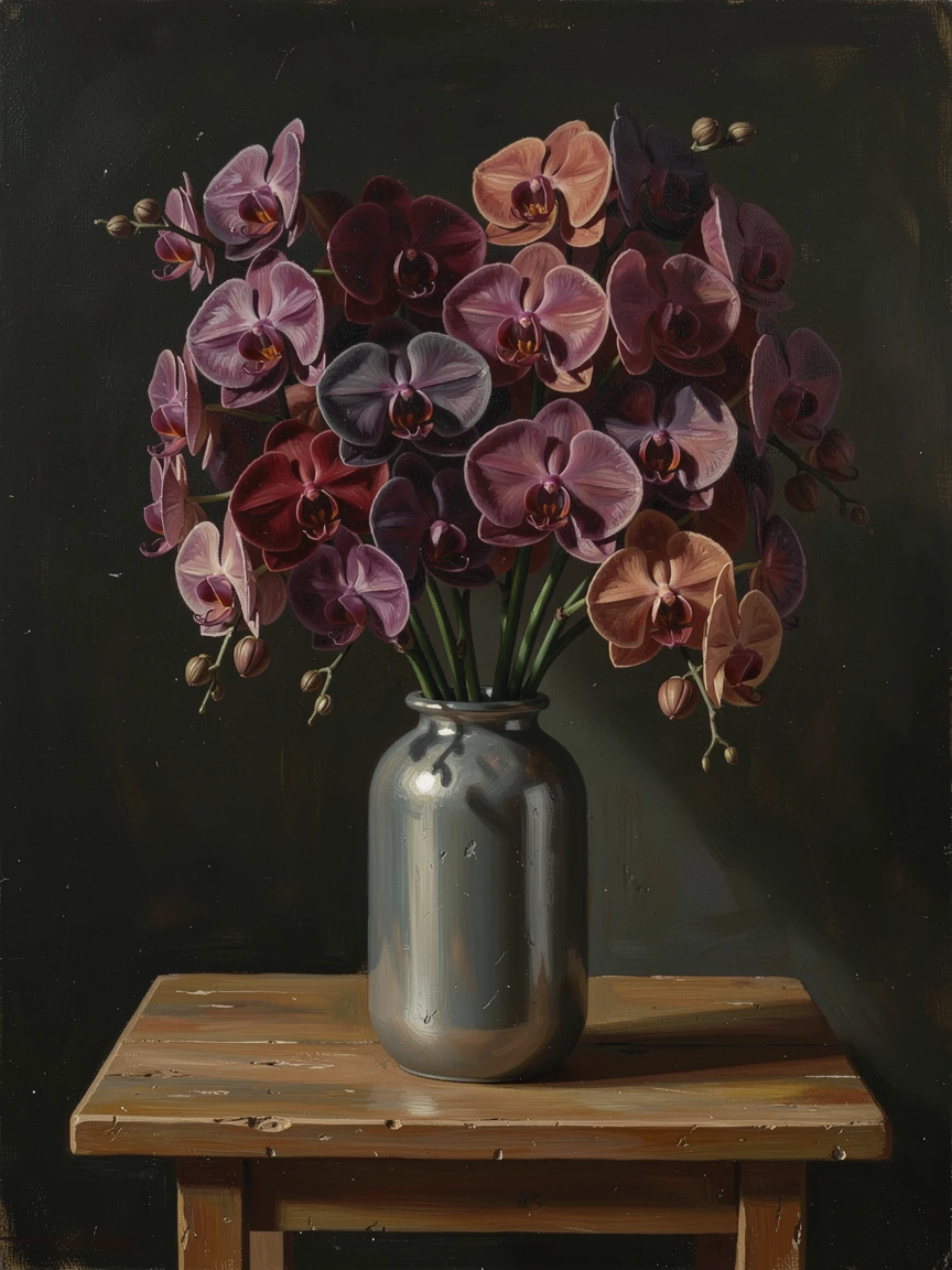 A grand bouquet of orchids arranged in a sleek modern vase, with rich, deep colors adding a sense of opulence, radiating warmth, richness, and understated opulence