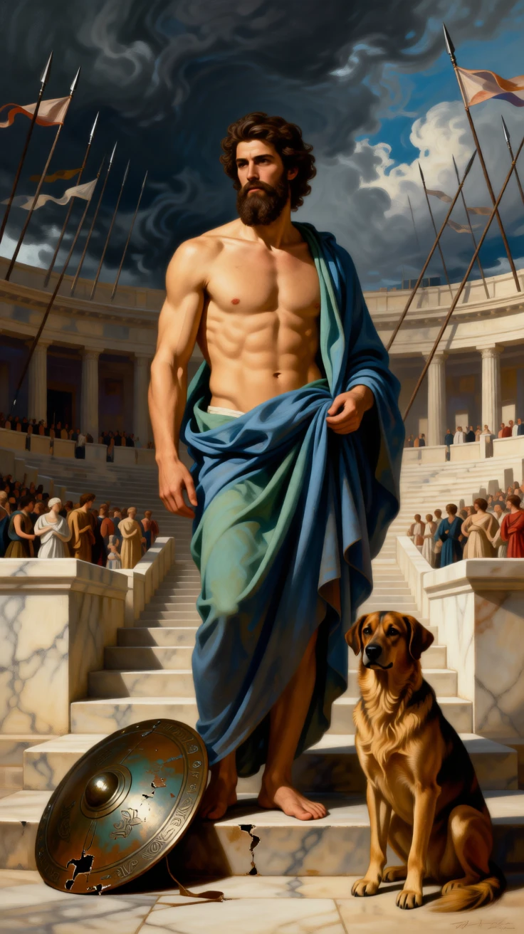 The sea god Poseidon summoning a storm to part the waves at the exact instant fate is sealed, set on the steps of a grand amphitheater filled with spectators, with a faithful hound and a fallen shield resting nearby; diagonal lines of spears and banners lead the eye to the central figure, charged with heroic resolve and quiet foreboding.