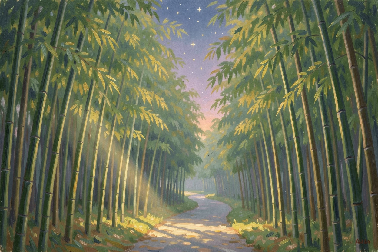 A quiet Kyoto bamboo grove path where morning light filters in narrow green shafts, under a canopy of stars, capturing a moment of quiet intimacy.