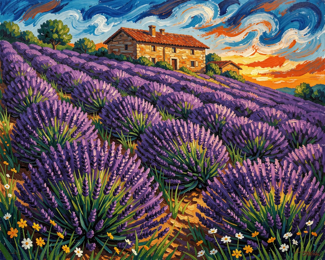 A hillside lavender farm in full bloom, rows stretching toward a distant farmhouse.