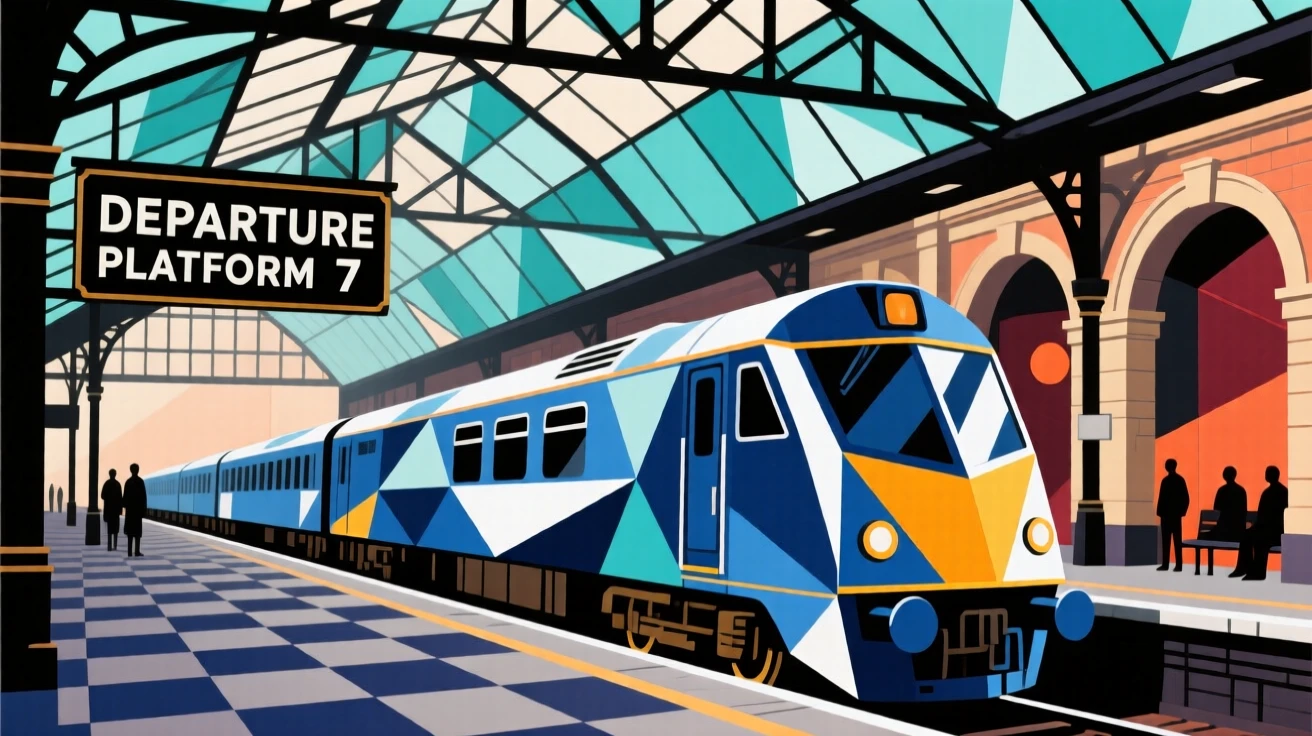 A gleaming vintage train departing a grand old station beneath a glass roof.