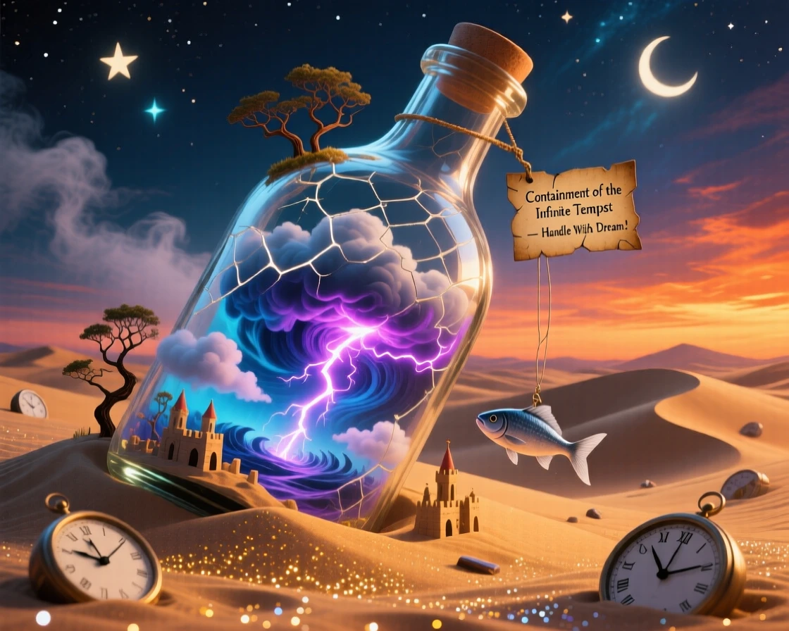 An enormous glass bottle containing a miniature swirling storm rests half-buried in drifting golden sand, as clouds drift slowly through gaps in its structure.