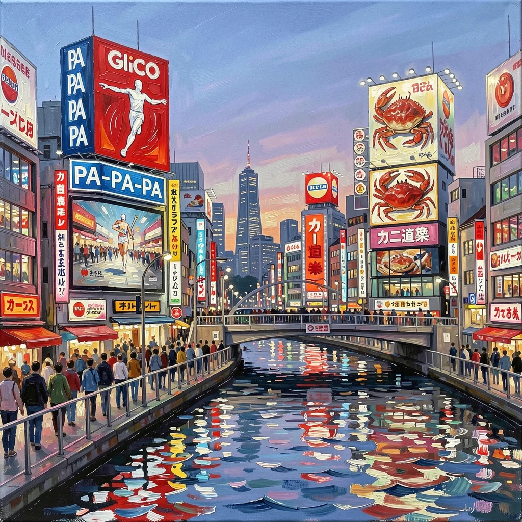 The Osaka skyline glows above Dotonbori's neon signs and canal, reflections shimmering on the water as crowds move along the promenade, everything rendered with quiet clarity under the steady, natural light of the hour.