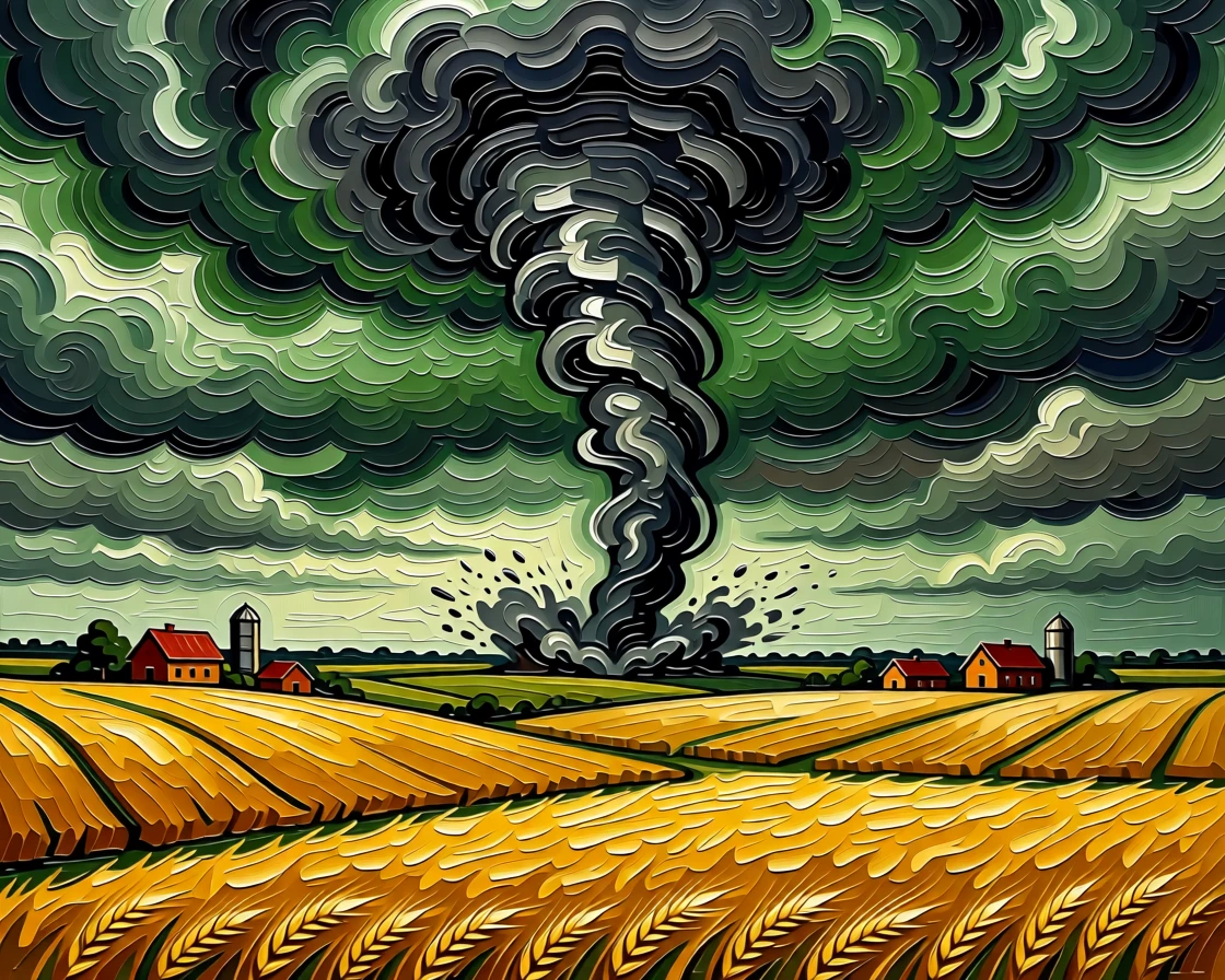 A tornado spinning across distant farmland beneath a churning green-black sky
