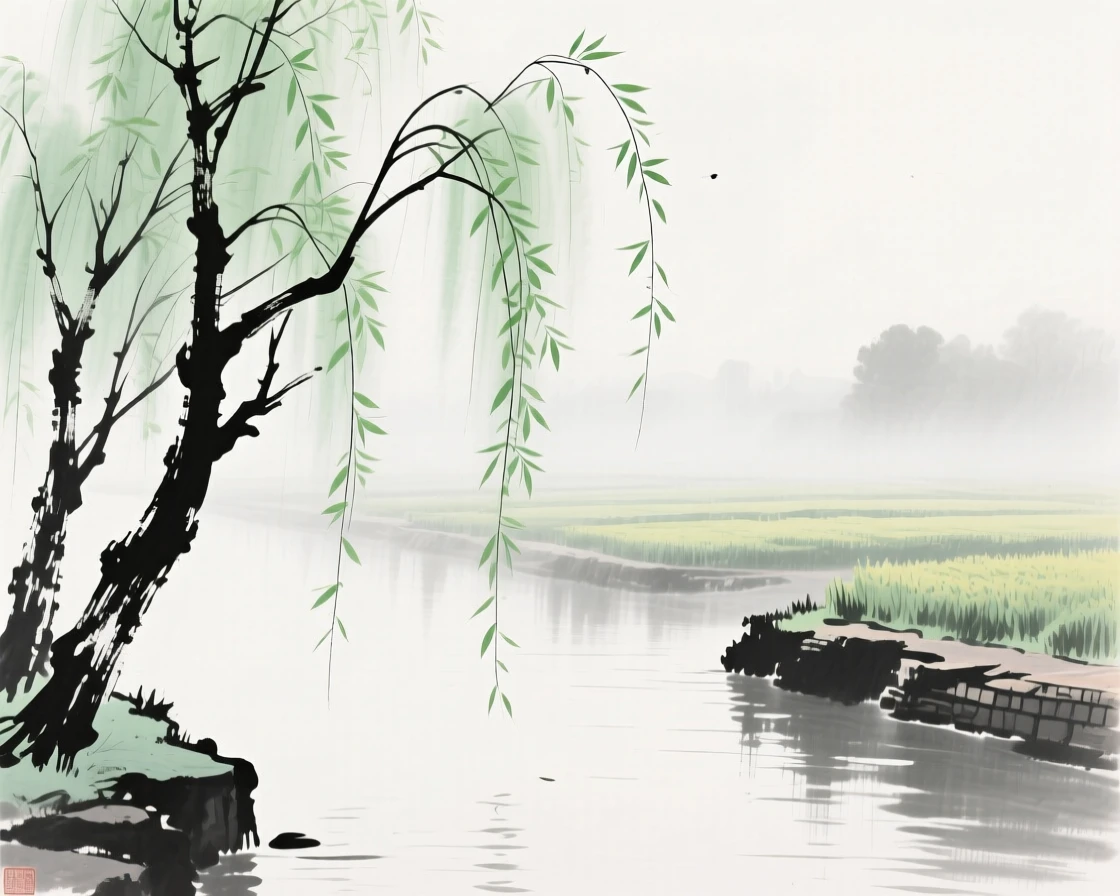 Willow branches sway with fresh green leaves along a canal, with mist rising softly from the awakening fields.