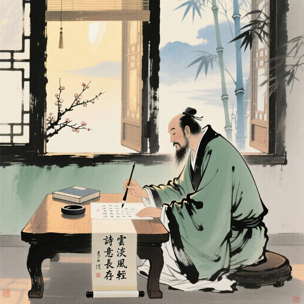 A scholar seated at a low table composing poetry beside an open window, in the soft light of late afternoon.