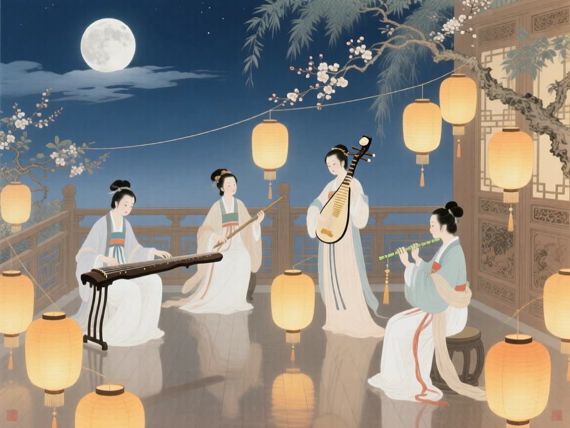 A moon-viewing party on a terrace with musicians and glowing lanterns, with paper lanterns swaying gently in the breeze