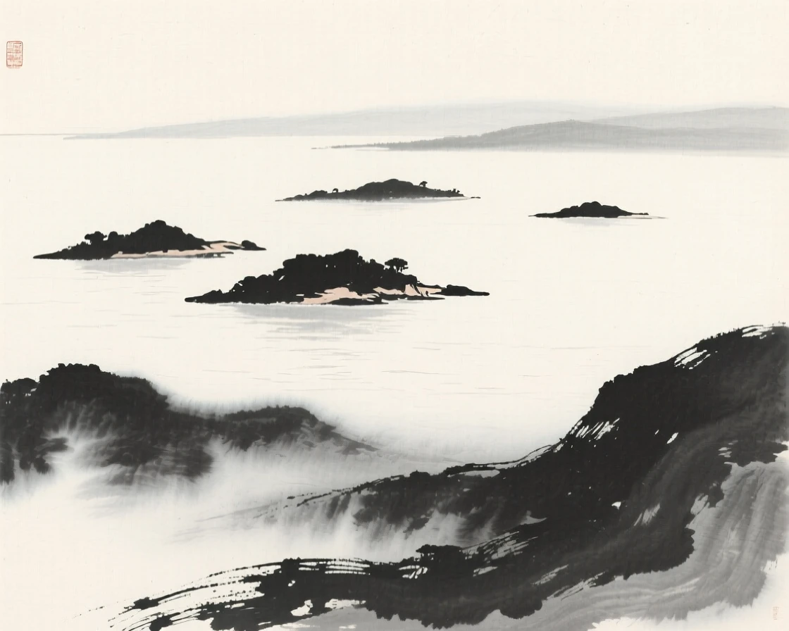 A cluster of small islands scattered across a calm bay as thin mist rolls slowly through the lower valley, seen from across the water, the far shore reduced to soft silhouette, suggesting the quiet vastness of the natural world.