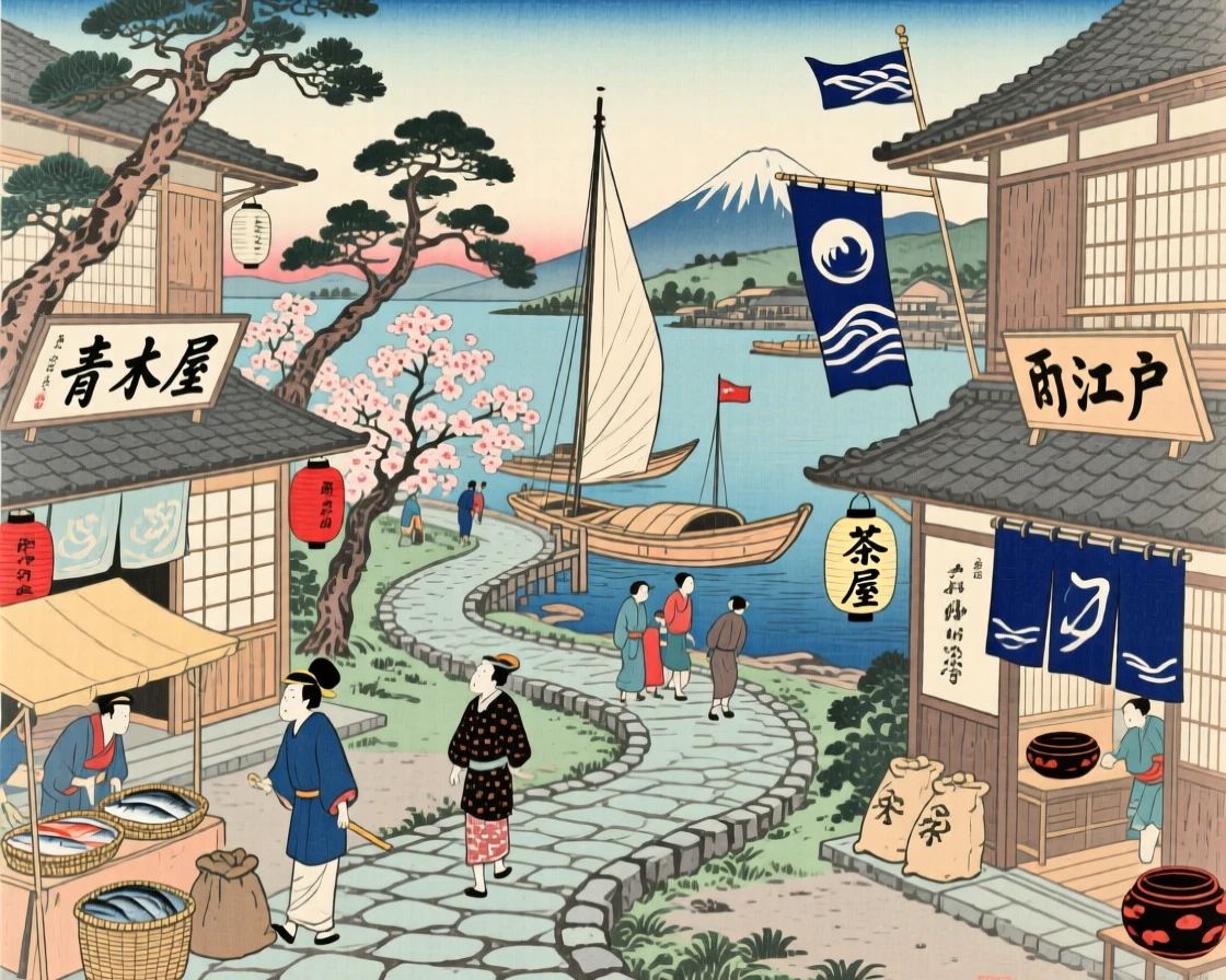 A bustling harbor town connected by winding stone paths.