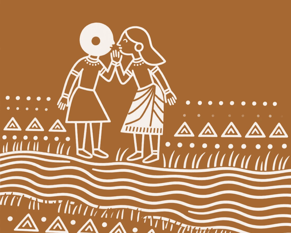 A young couple whispering to each other beside a flowing river.