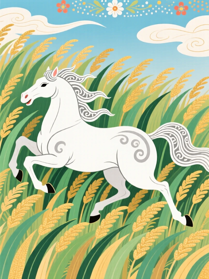 A proud white horse running through a field of tall grass.
