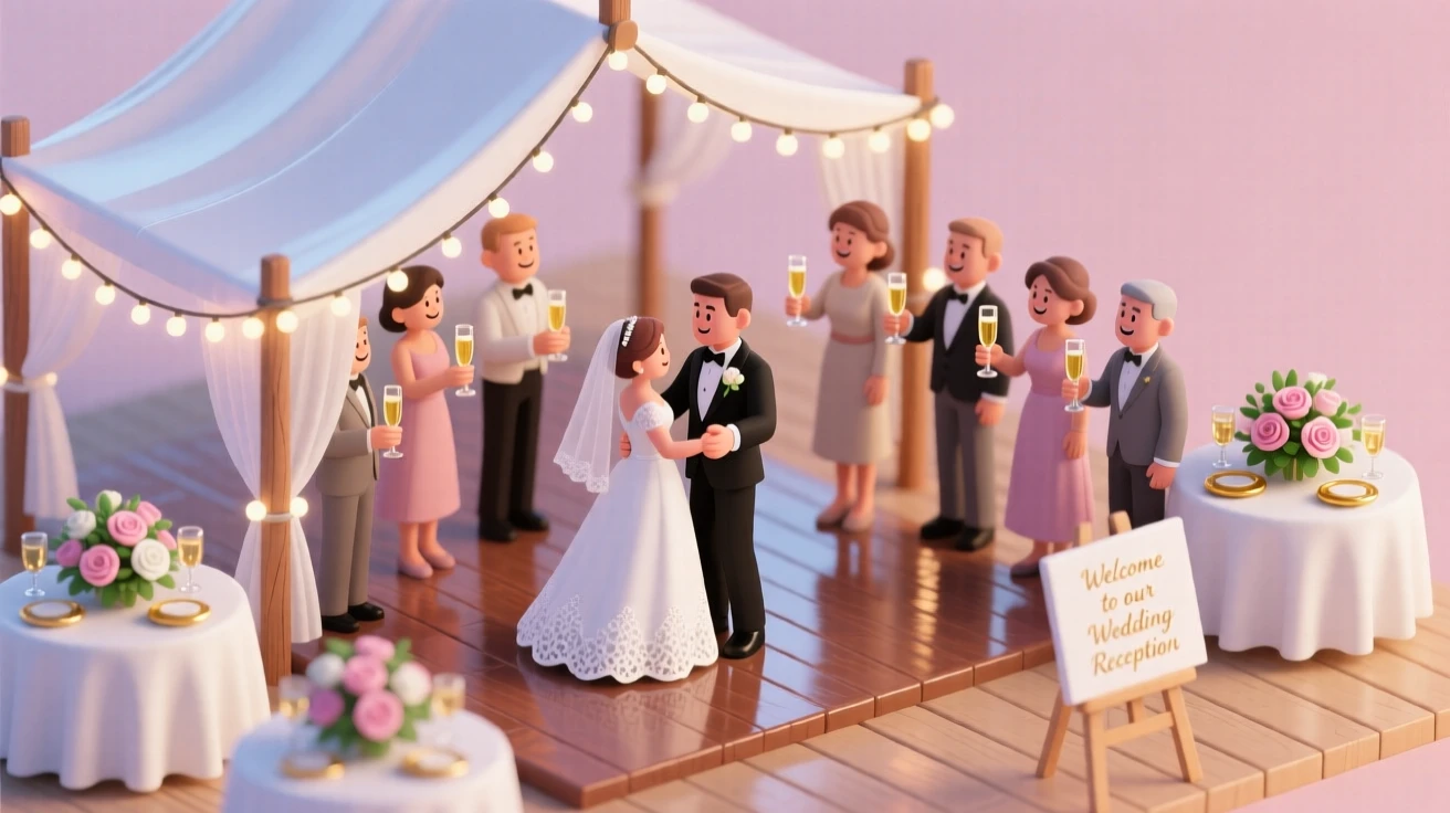 A wedding reception under a string-lit tent, a couple sharing their first dance as guests raise glasses in celebration.