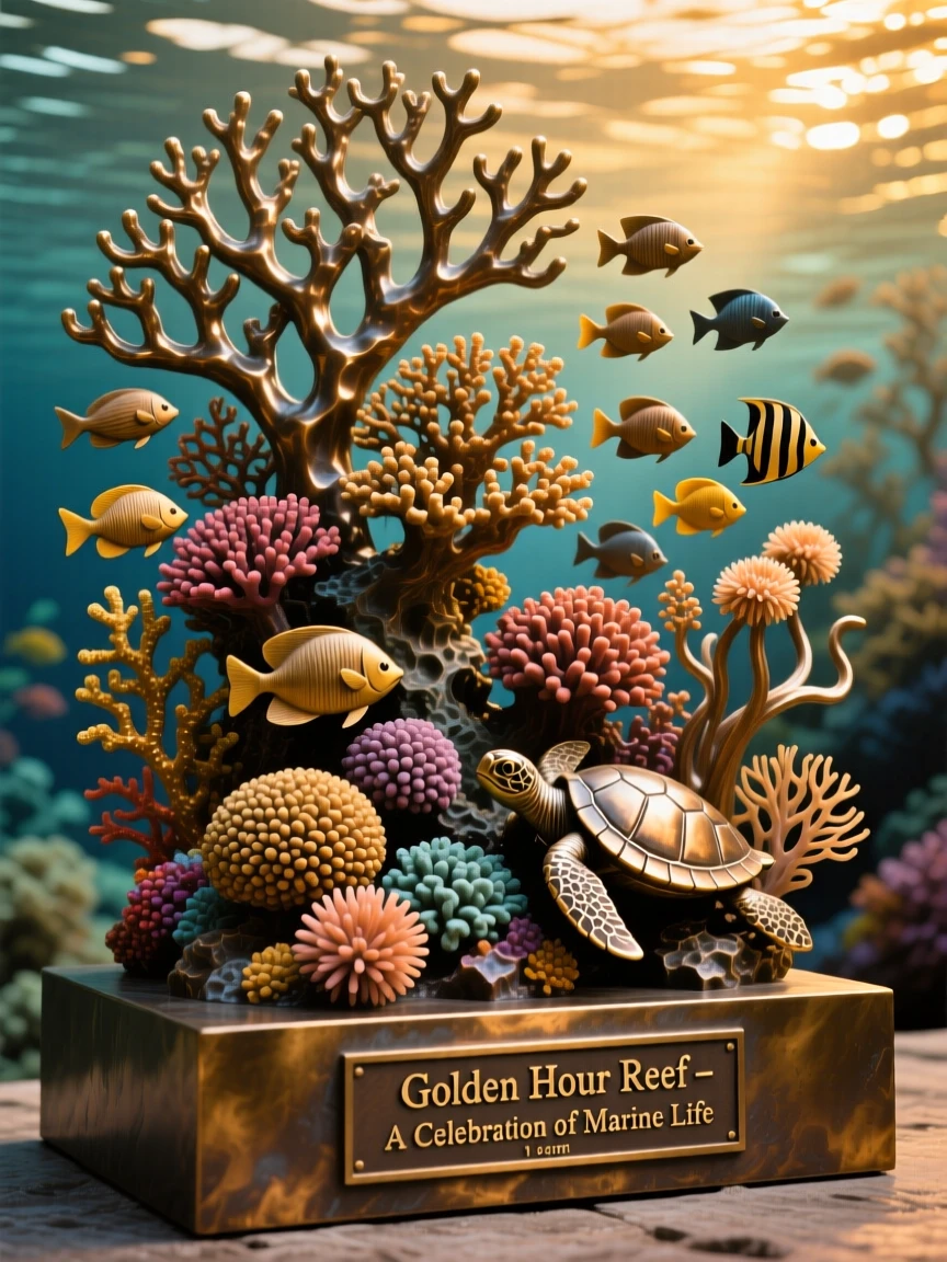 A vibrant coral reef teeming with colorful marine life, bathed in the warm hues of golden hour, offering a breathtaking sense of place