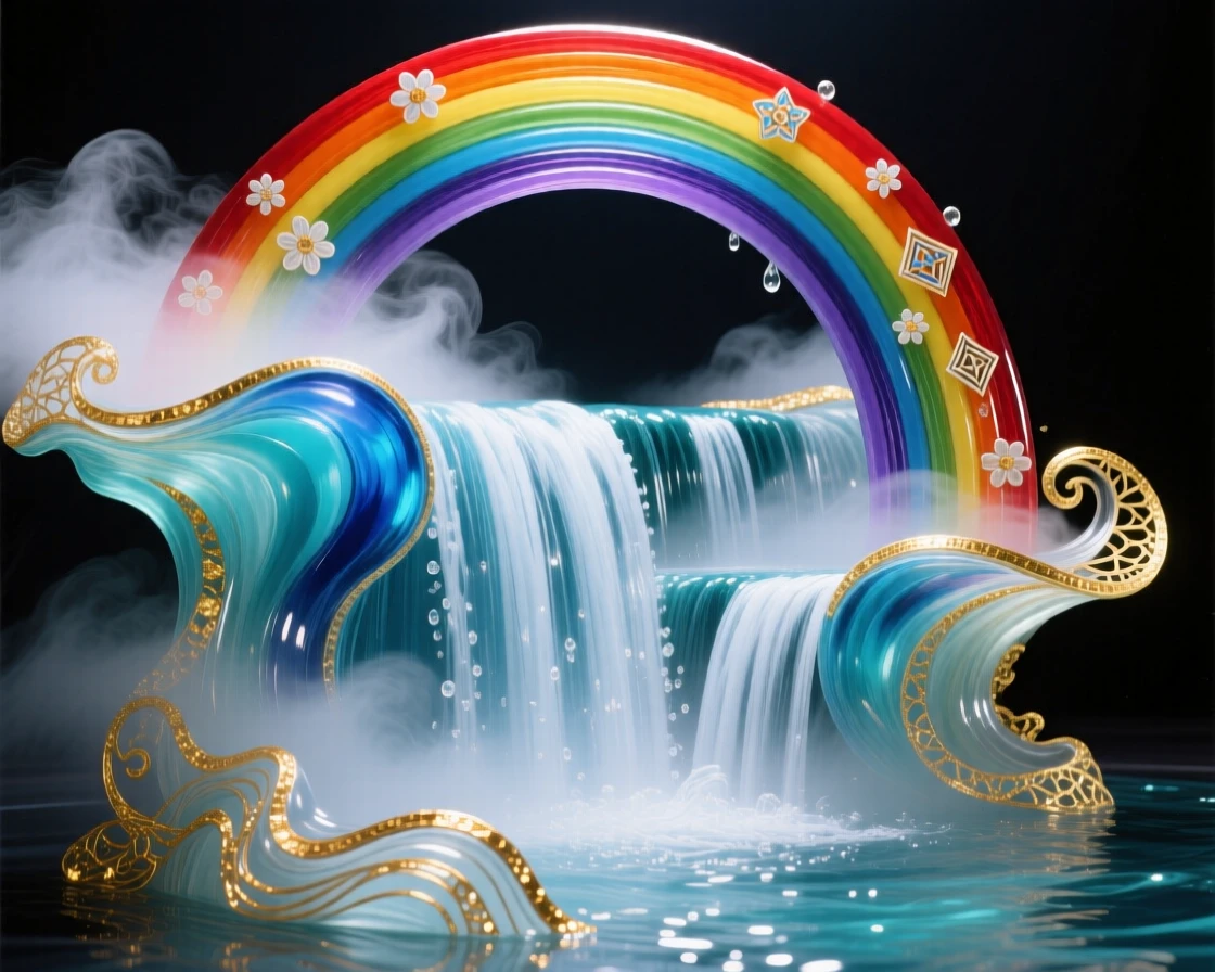 A grand waterfall lit by a rainbow arching through its rising mist, breathtaking and vivid.
