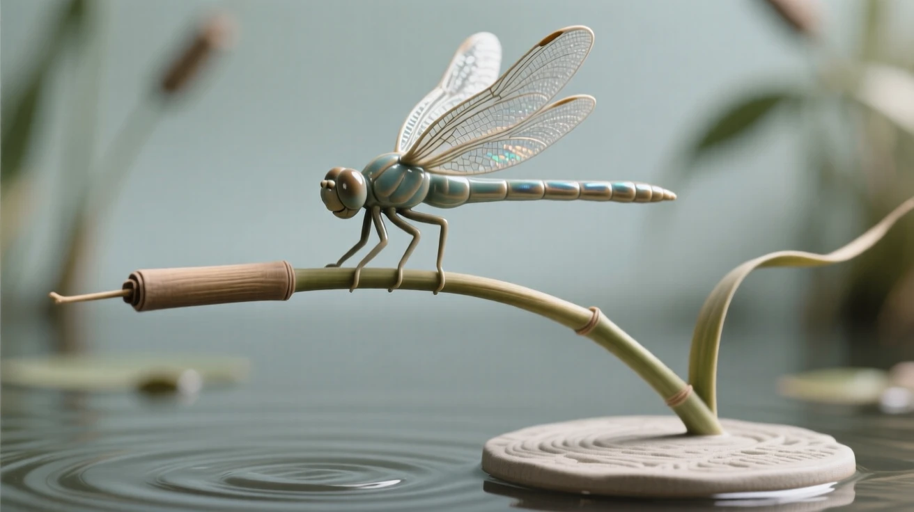 A dragonfly balanced on a slender reed caught gliding low over calm water, outlined against a soft-focus natural backdrop, capturing a serene moment suspended in time.