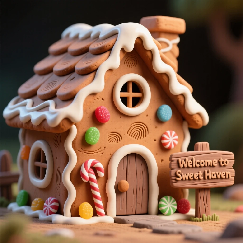 A rustic gingerbread house decorated with icing and candy