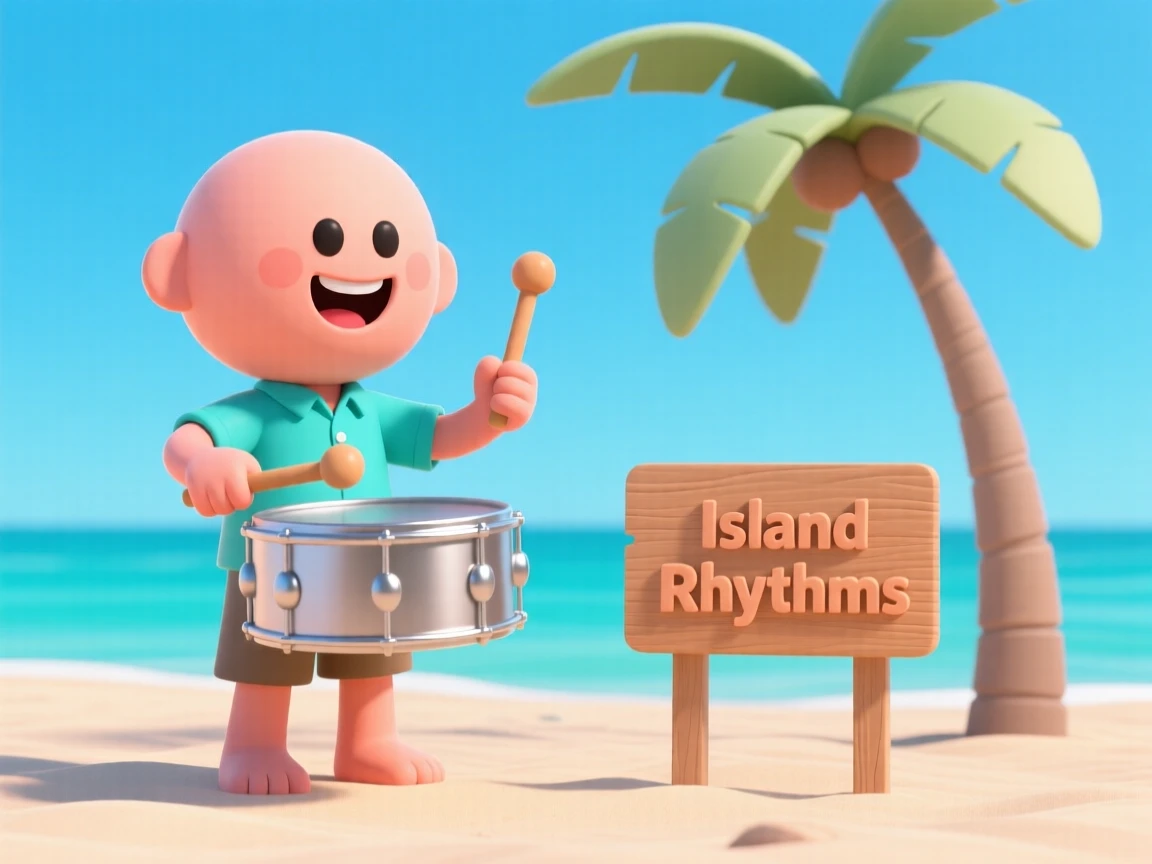 A joyful steel drum player fills a sunny Caribbean beach with bright, bouncing island rhythms.