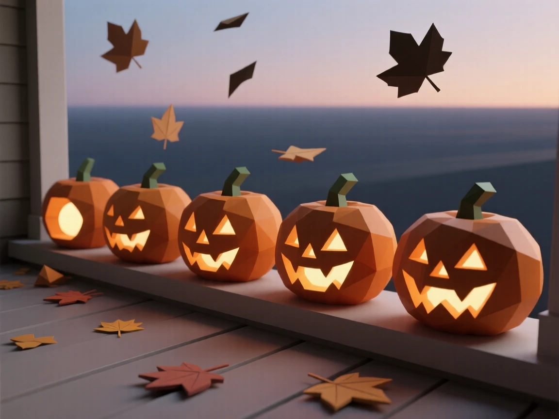 A row of jack-o-lanterns glowing on a porch at dusk, as autumn leaves drift through the air. warm glowing lights create a festive ambiance. The moment feels magical and full of wonder.