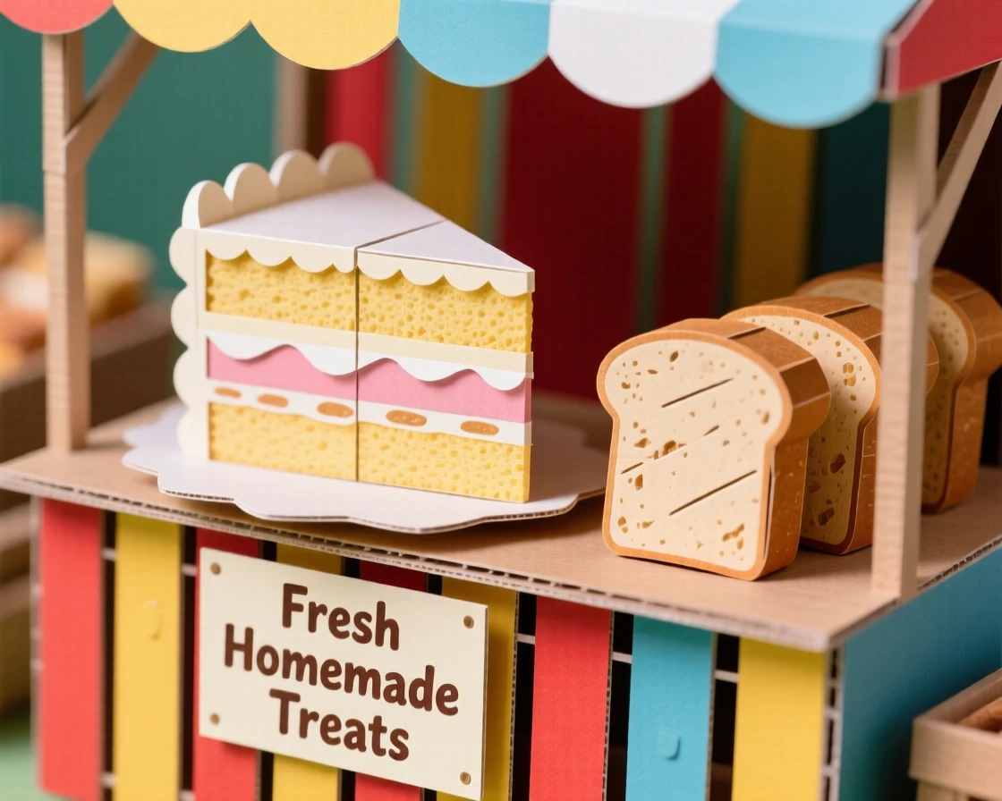 A decadent slice of layered cake arranged on a colorful farmers market stand, with warm bread resting alongside, evoking cozy, homemade charm.