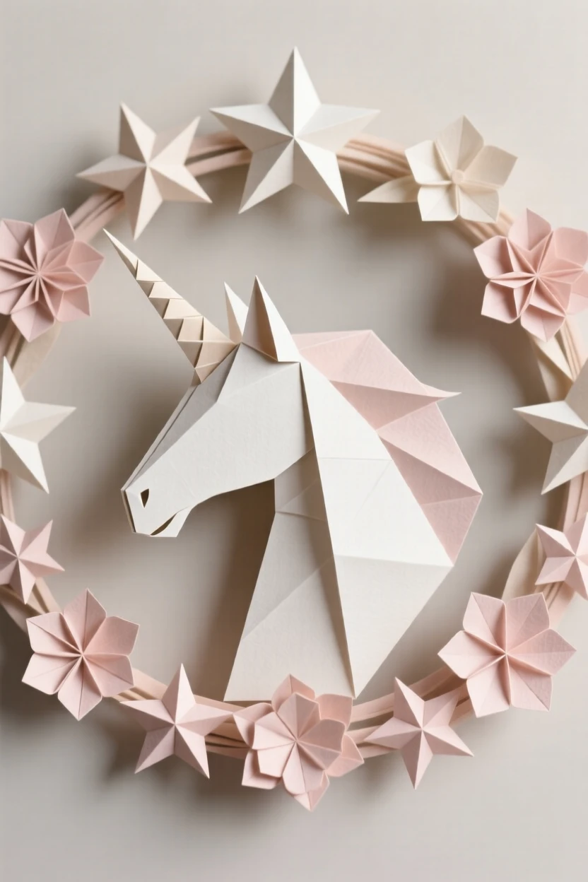 A decorative unicorn silhouette centered within a wreath of stars and flowers.