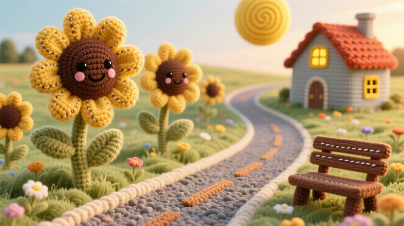 a field of wild sunflowers along a country road, stretching toward a distant farmhouse, glowing gold under a late afternoon sun surrounded by the quiet hush of early morning; a single wooden bench resting nearby completes the scene, full of peaceful, untouched natural beauty.