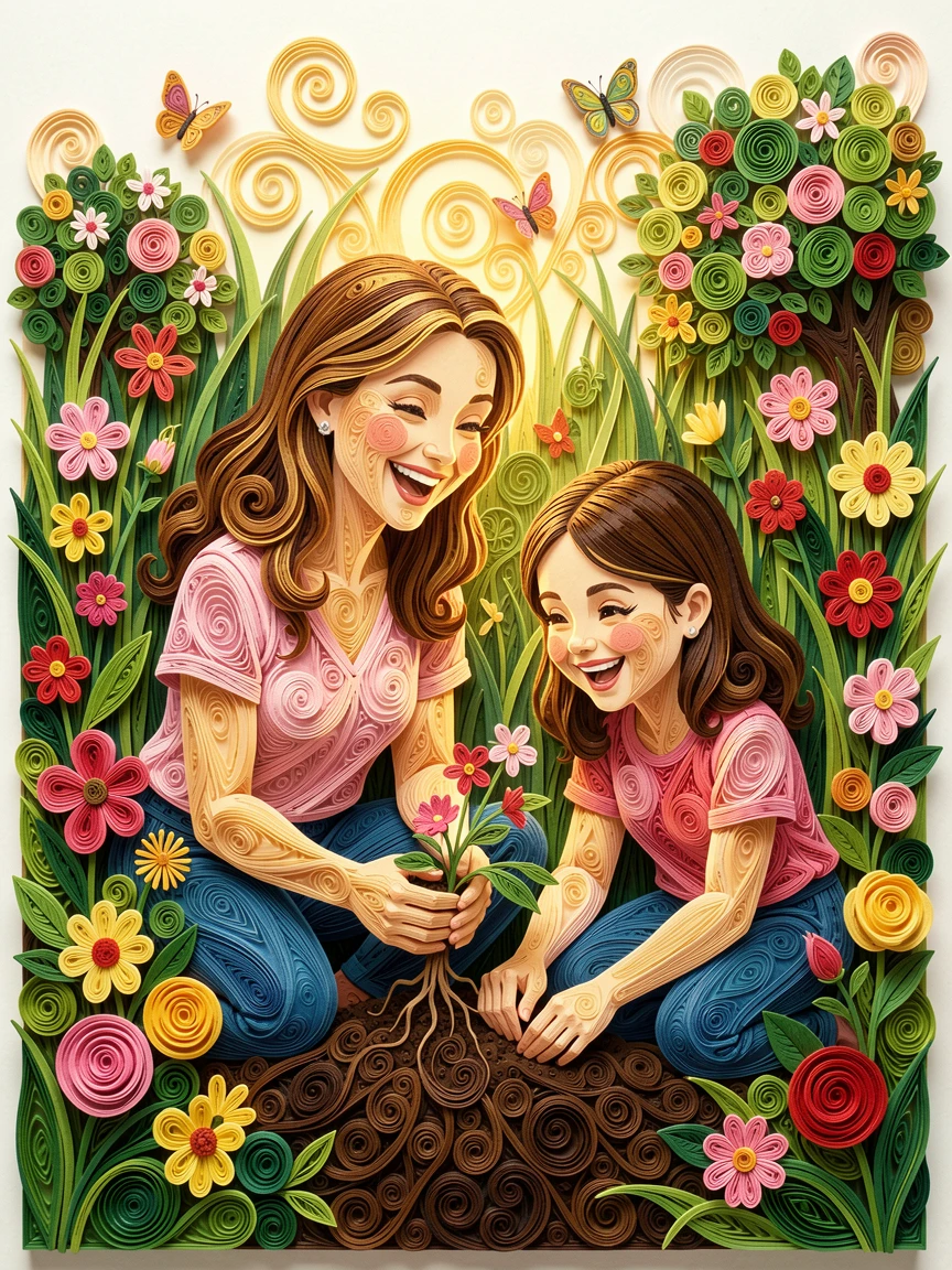 A heartwarming moment of a mother and daughter planting flowers in a garden in a lush backyard garden in full bloom, with gentle sunlight highlighting joyful smiles, captured mid-laugh in a candid, joyful moment.