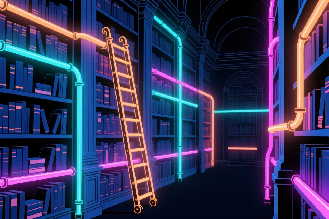 A library filled floor to ceiling with towering bookshelves and a rolling ladder.