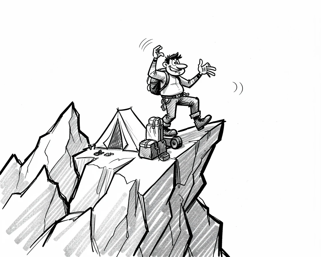 A climber setting up camp on a mountain ledge on a rocky mountain ridge.