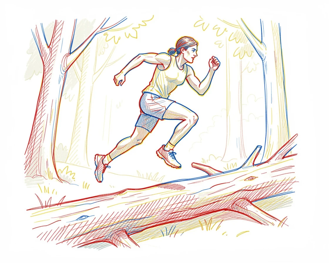 A trail runner leaping over a fallen log in a sunlit forest